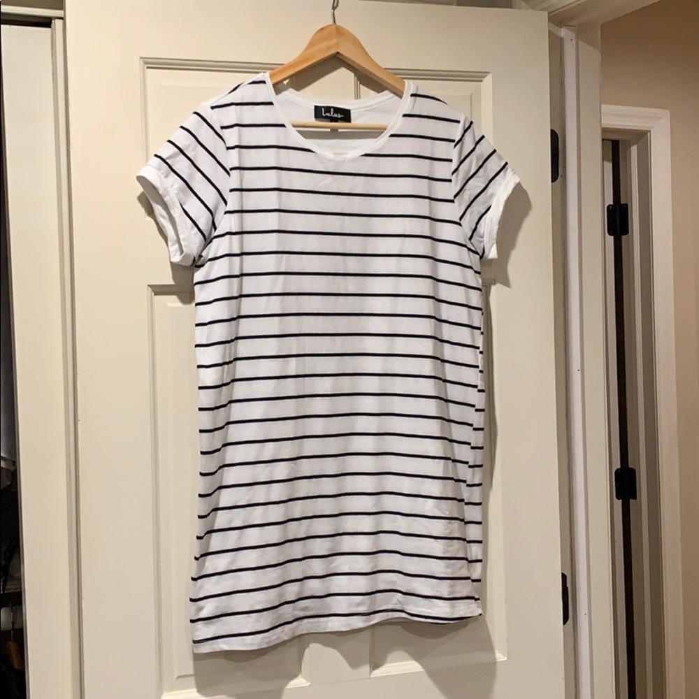 Lulus Cafe Society Black Cream Striped Shirt Dress
